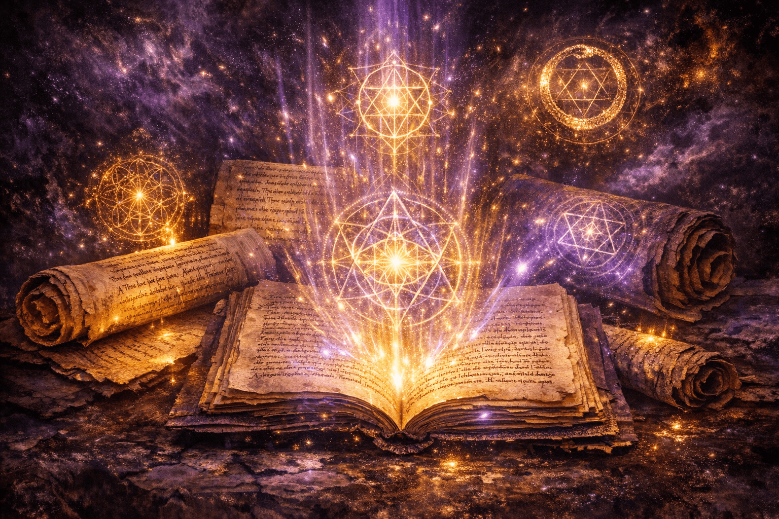 Ancient Gnostic scrolls glowing with divine purple and gold frequencies