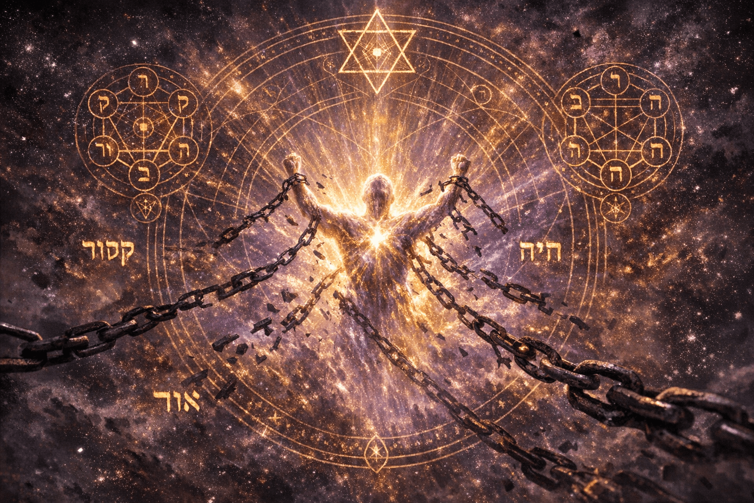 Soul breaking free with radiant light emerging