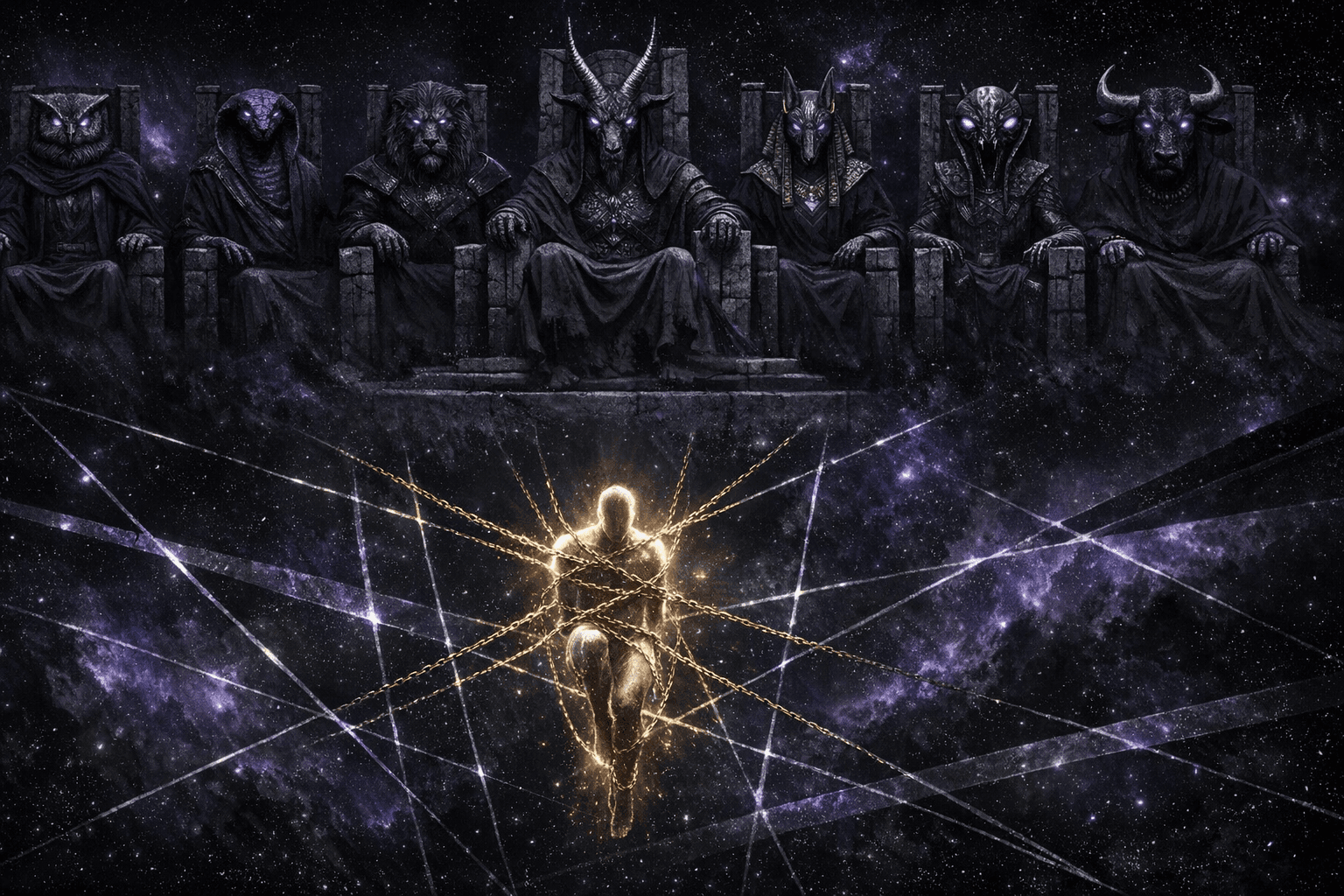 Archonic throne room with towering pillars and ethereal cosmic light