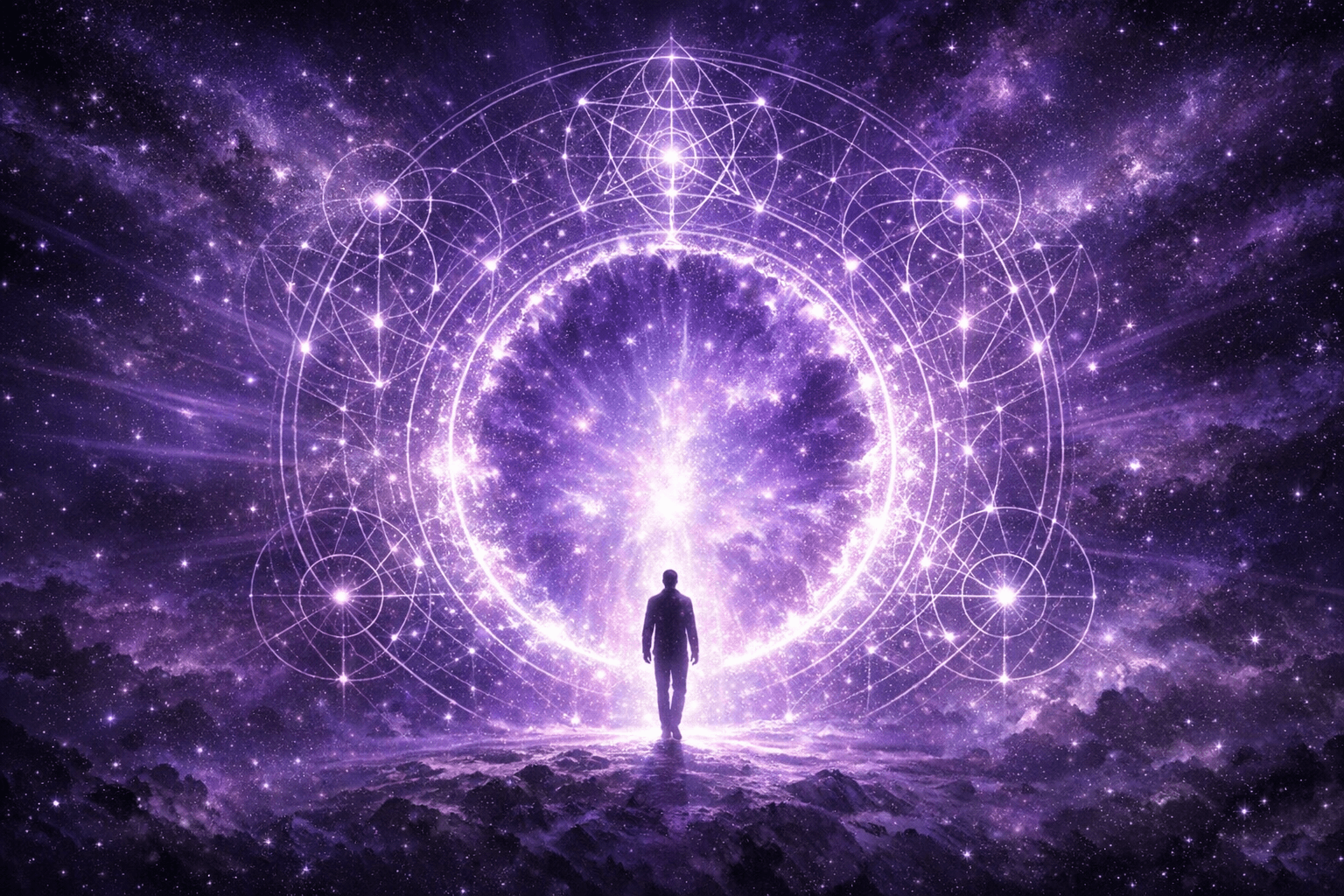 A serene figure in contemplation surrounded by cosmic light representing spiritual awakening and the Self-Existent Original Light