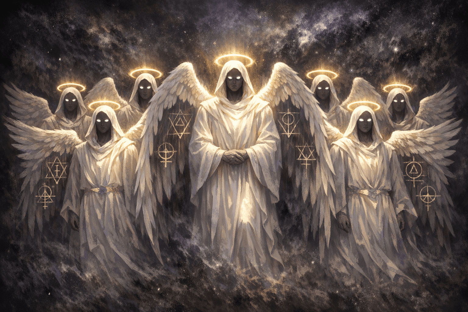 Seven Archonic Wardens in council chamber commanding cosmic realm