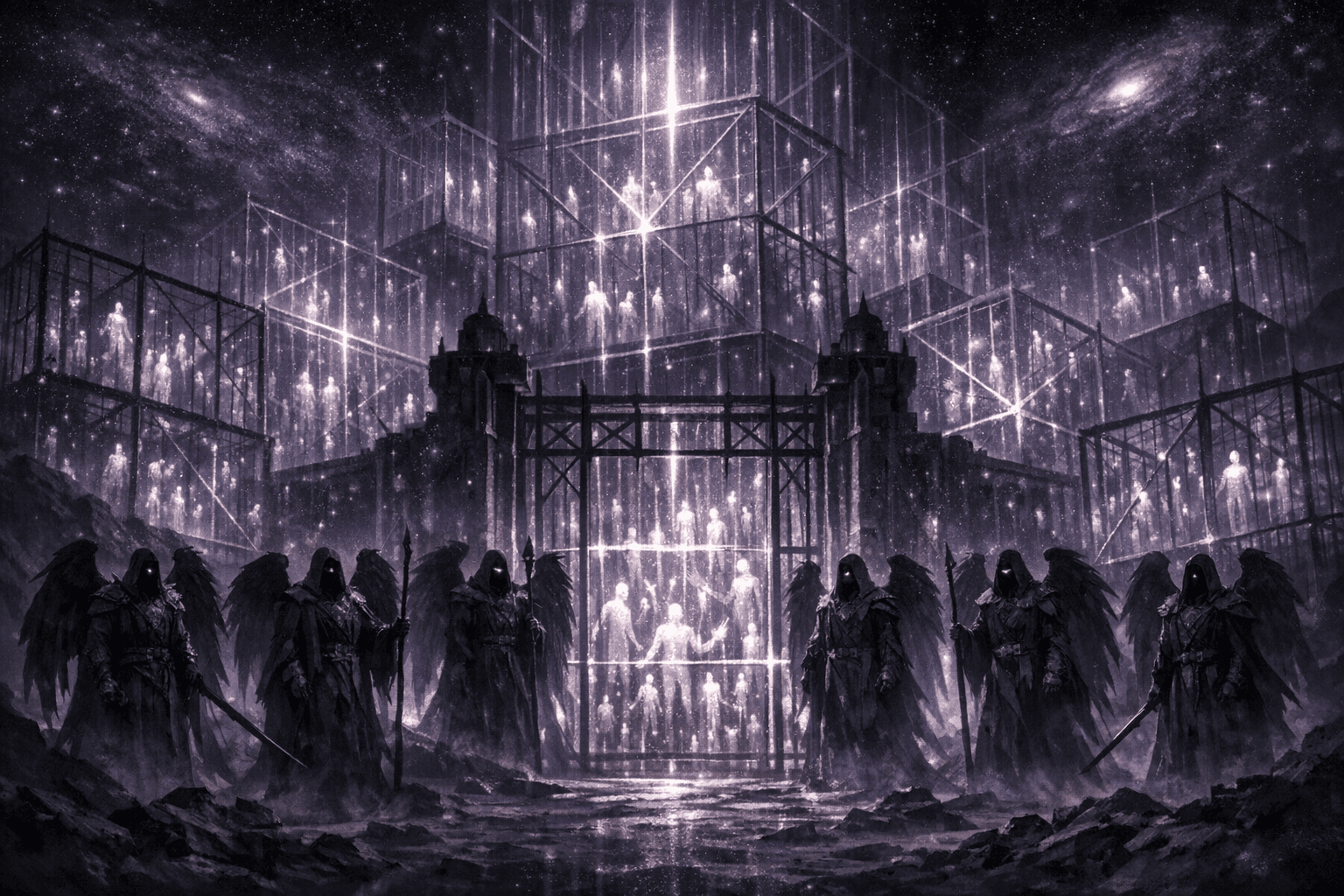 Soul trapped in cosmic prison with dark chains