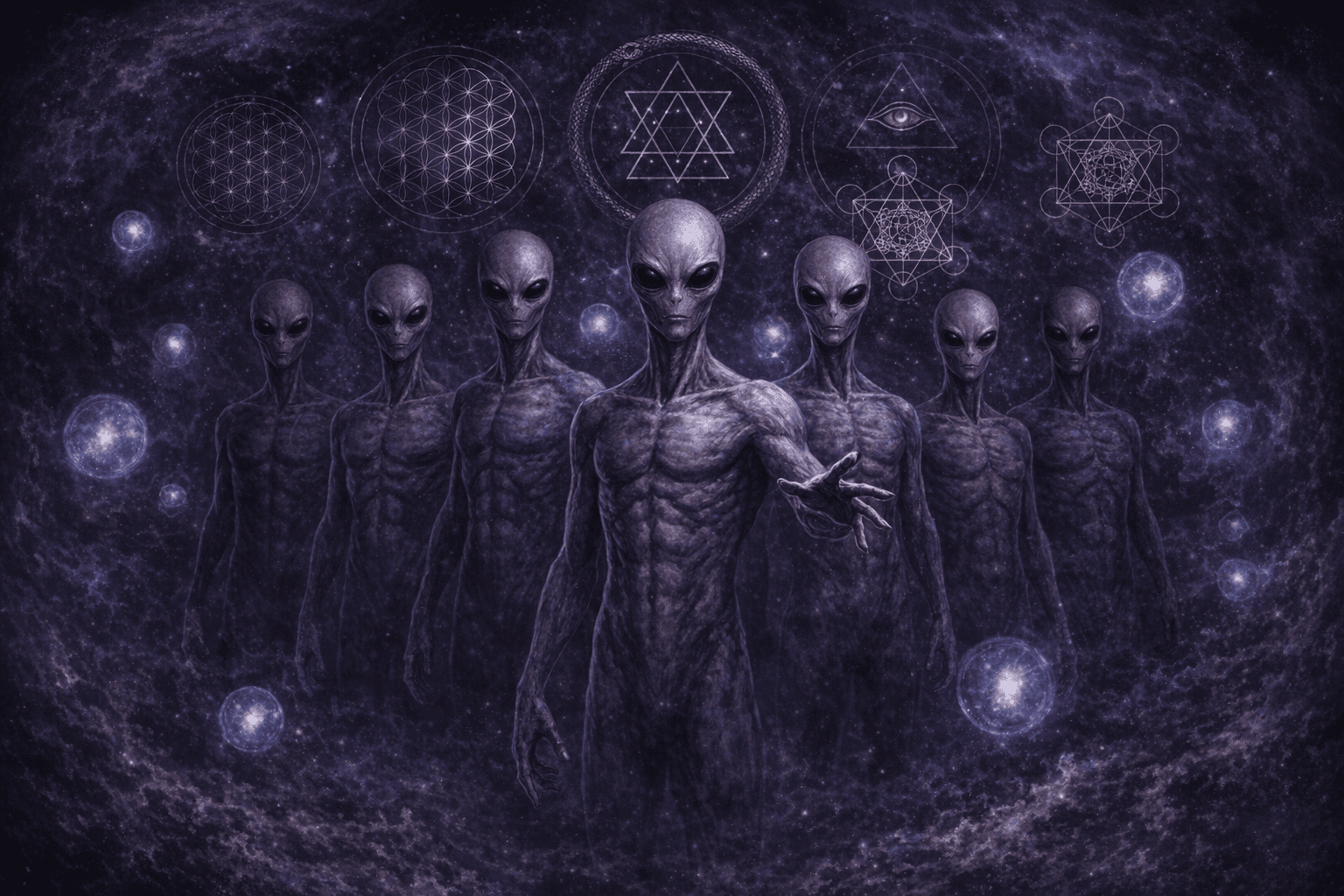 The Seven Wardens — seven Archons as grey aliens standing in council formation in a cosmic void