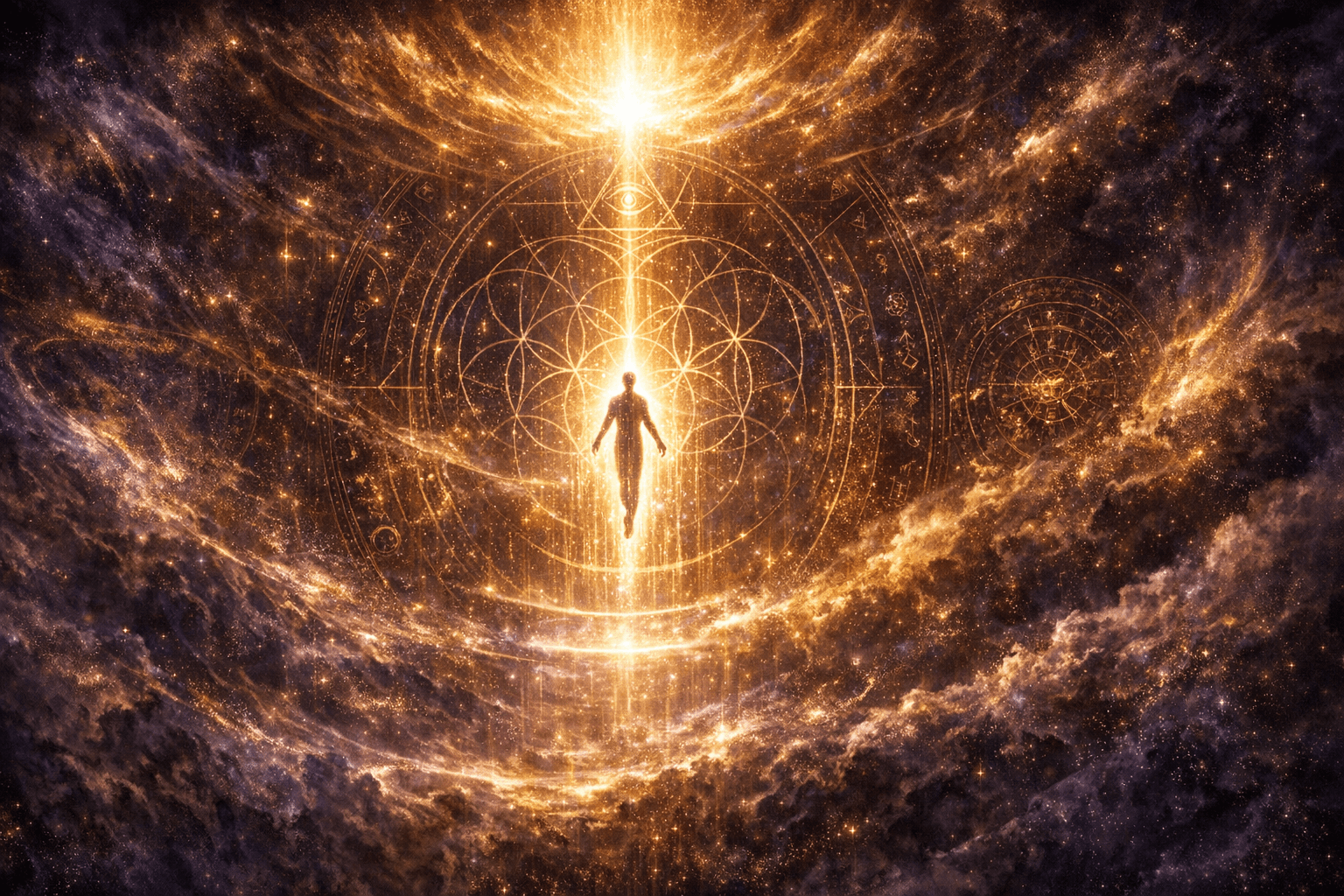 Cosmic soul ascending through divine light and sacred geometry