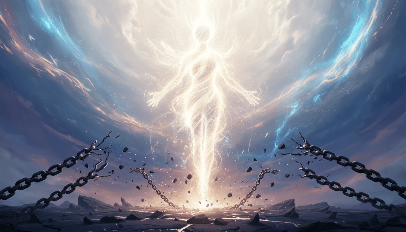 Soul breaking free from cosmic prison, ascending with radiant light