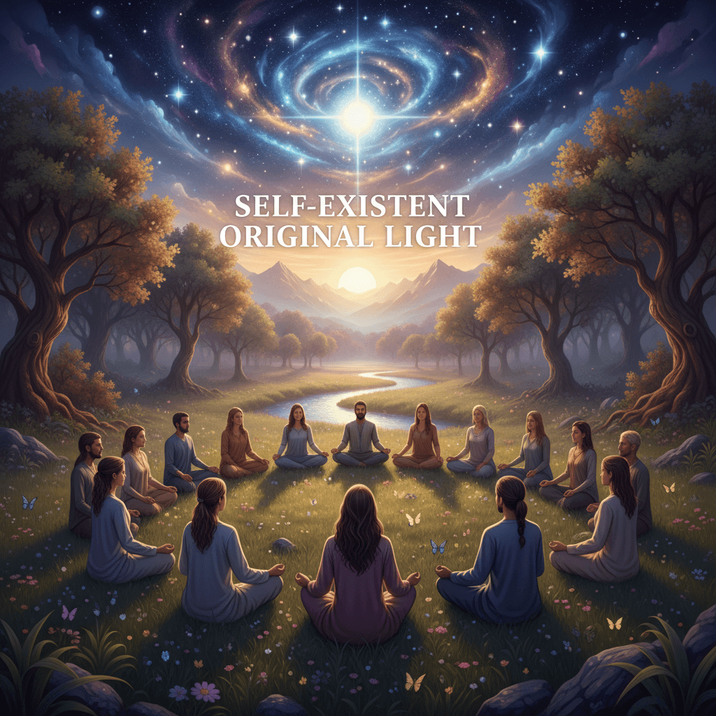 Meditative circle in a tranquil meadow at dawn with cosmic elements overhead