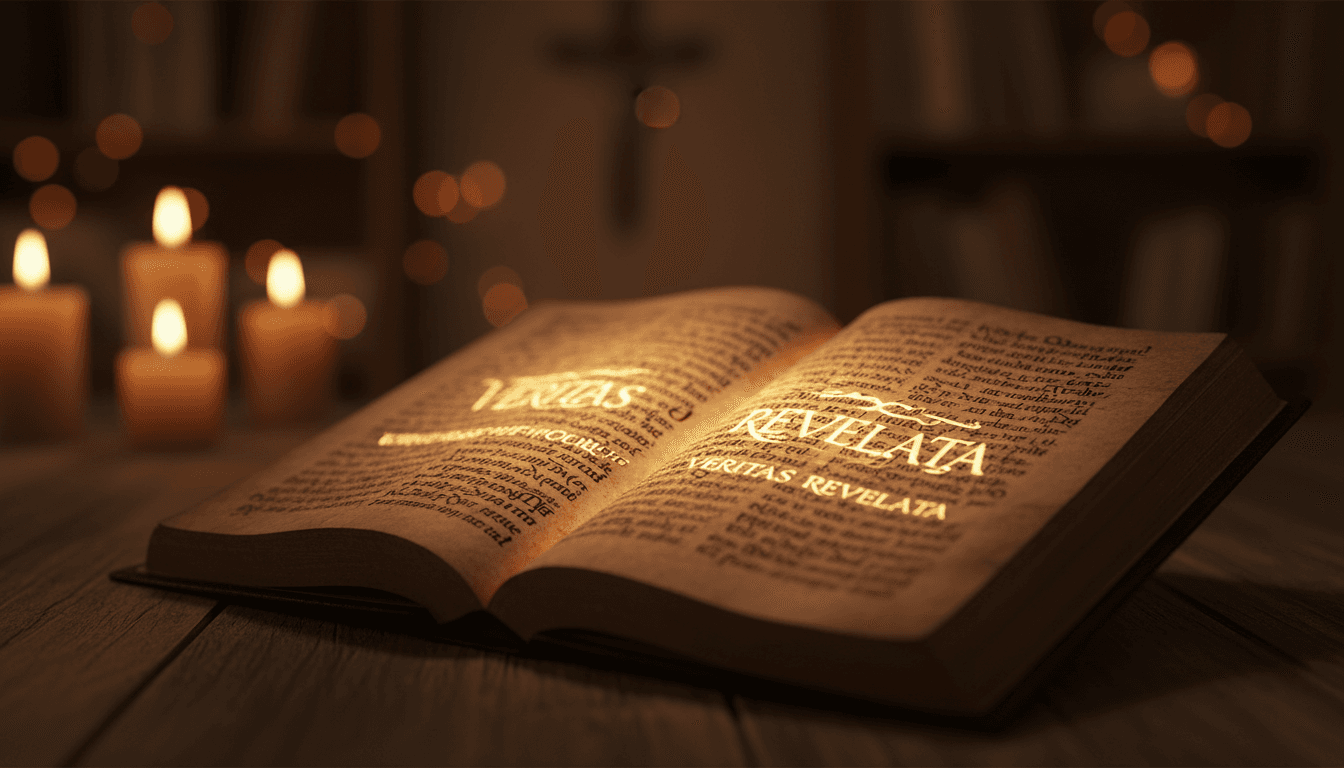 Ancient illuminated manuscript pages in candlelight symbolizing hidden wisdom and truth revelation
