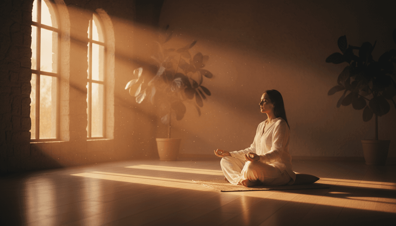 Person in peaceful meditation with golden light streaming through windows, representing spiritual awakening and harmony
